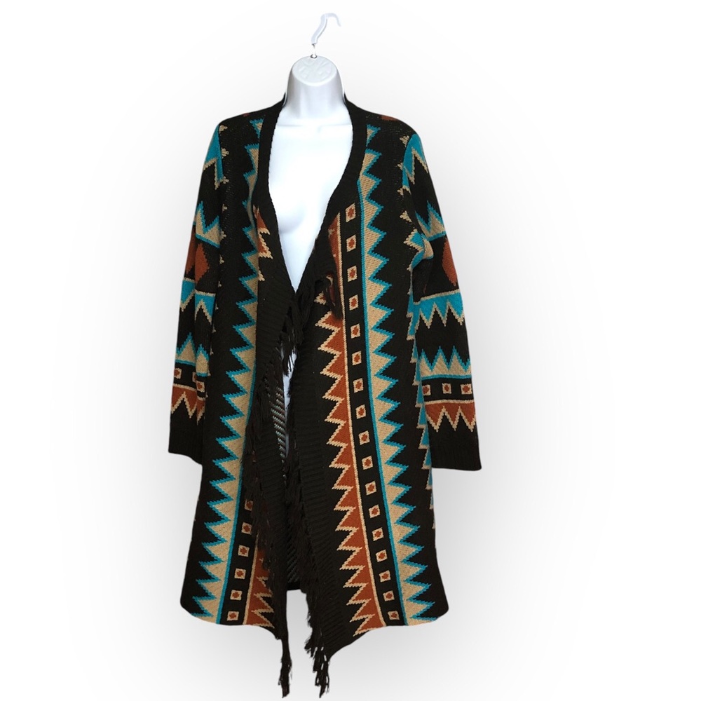 Wrangler Western Southwest Patterned Fringed Long Line Duster Cardigan